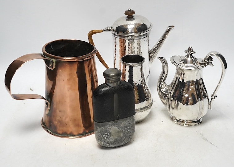 A quantity of assorted plated and copper wares including a pair of candlesticks, a pair of wine coasters, a chamberstick, cutlery etc. Condition - varies